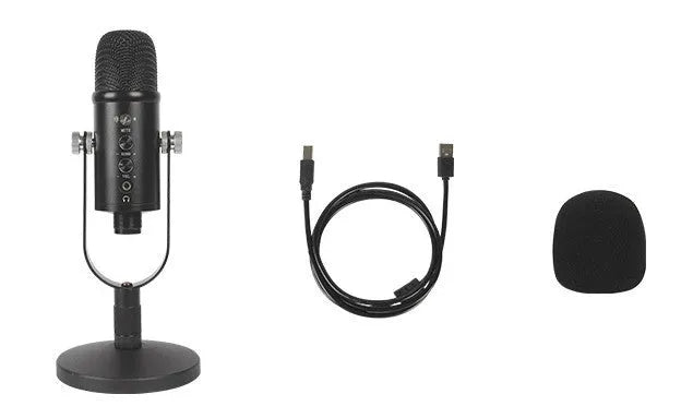 Black BM-86PRO USB condenser microphone on a metal stand with a sponge cover.