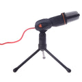 Black wired PC microphone with a detached desktop stand holder and a long cable.
