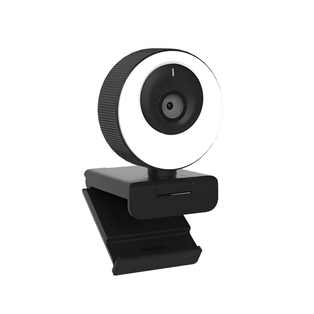 Black USB webcam with privacy cover on a laptop, showing 1080p HD and built-in microphone features.