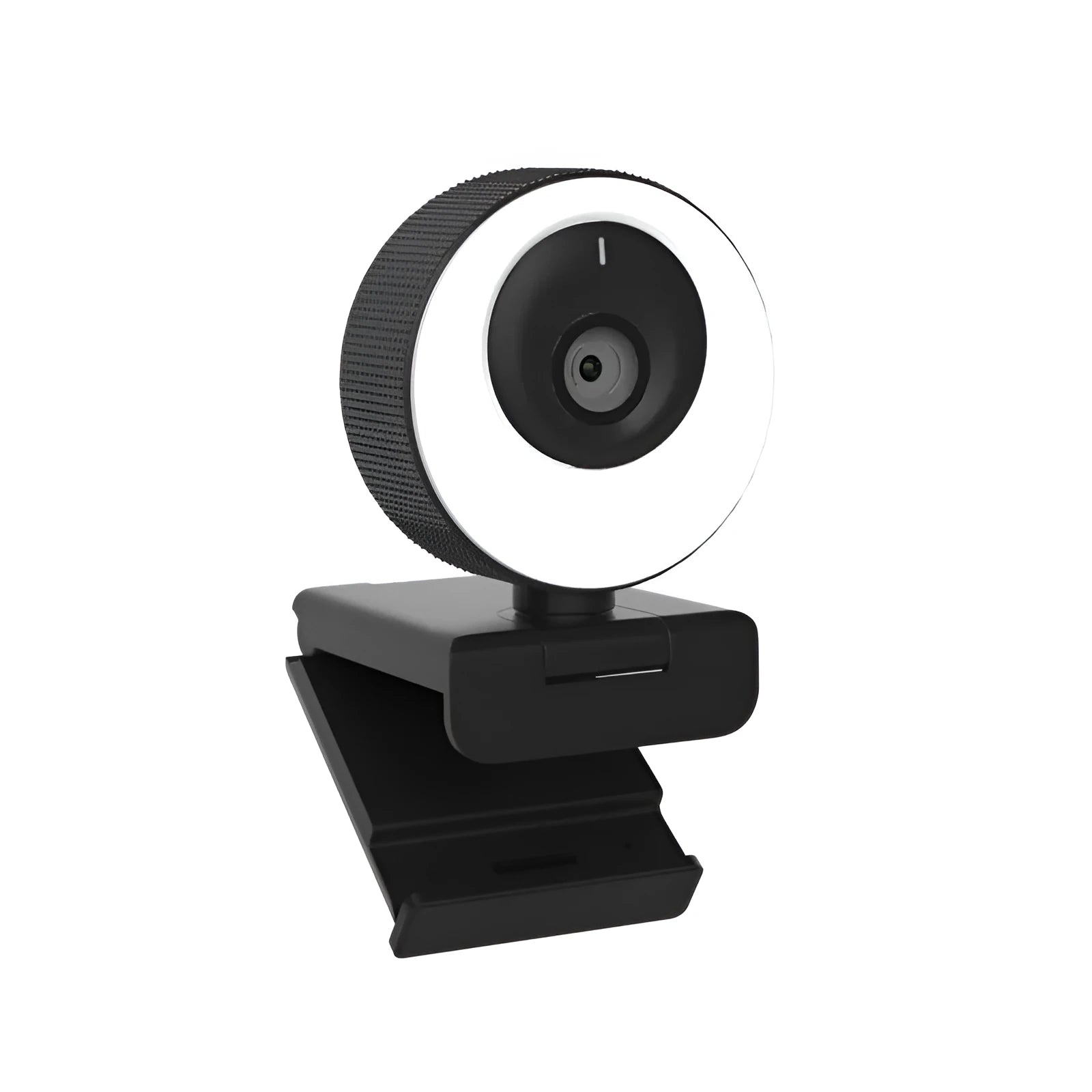 Black USB webcam with privacy cover on a laptop, showing 1080p HD and built-in microphone features.
