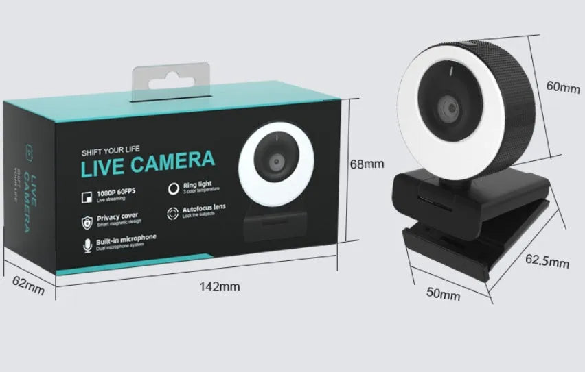 Black USB webcam with privacy cover on a laptop, showing 1080p HD and built-in microphone features.