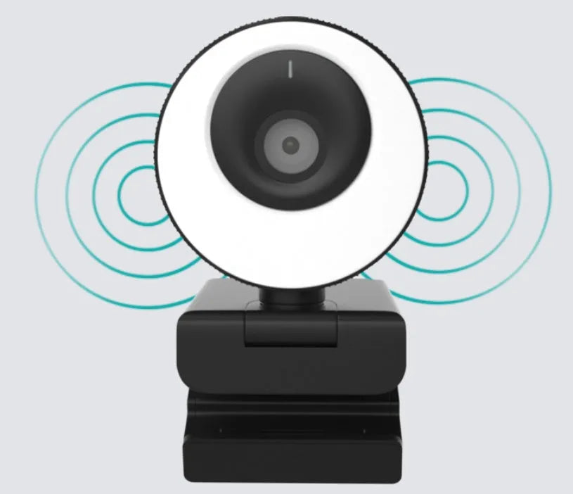 Black USB webcam with privacy cover on a laptop, showing 1080p HD and built-in microphone features.