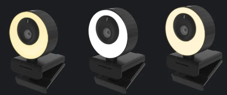 Black USB webcam with privacy cover on a laptop, showing 1080p HD and built-in microphone features.