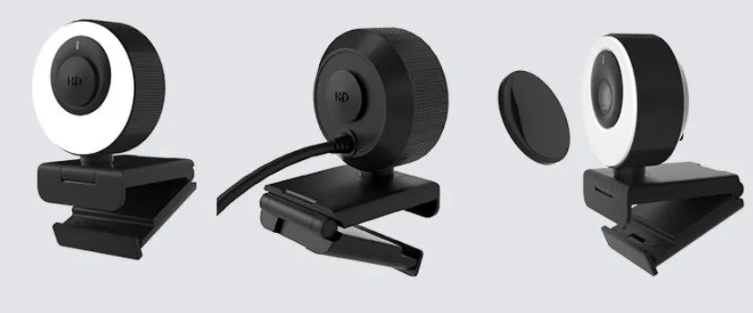 Black USB webcam with privacy cover on a laptop, showing 1080p HD and built-in microphone features.