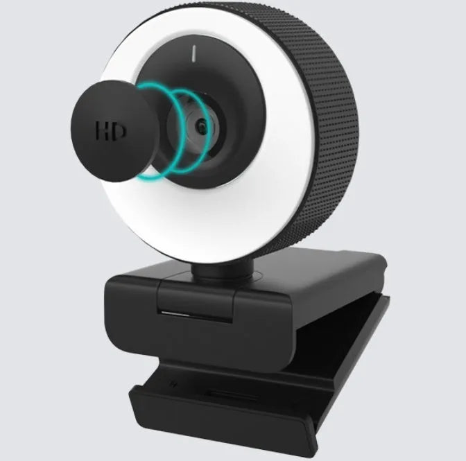 Black USB webcam with privacy cover on a laptop, showing 1080p HD and built-in microphone features.