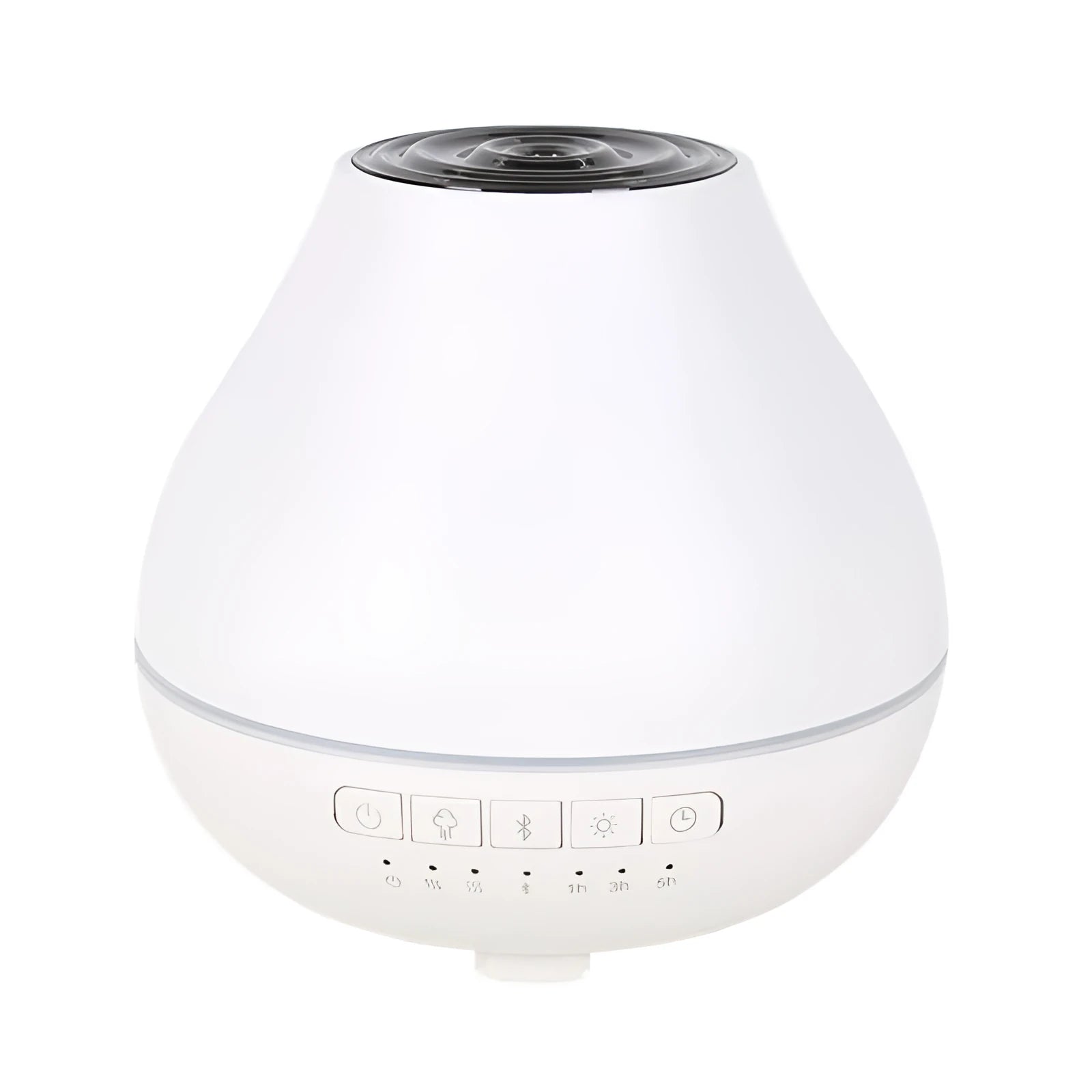 Round white Bluetooth humidifier and aroma diffuser with night light on a table.