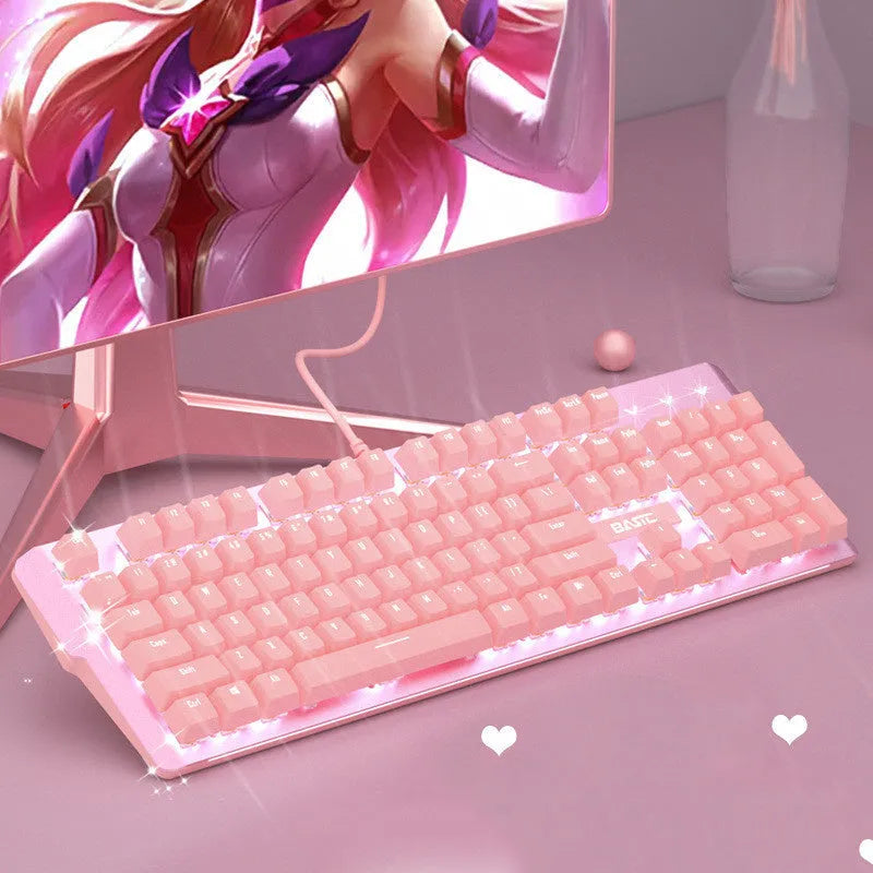Pink wired mechanical keyboard and matching mouse with green axis switches for gaming.