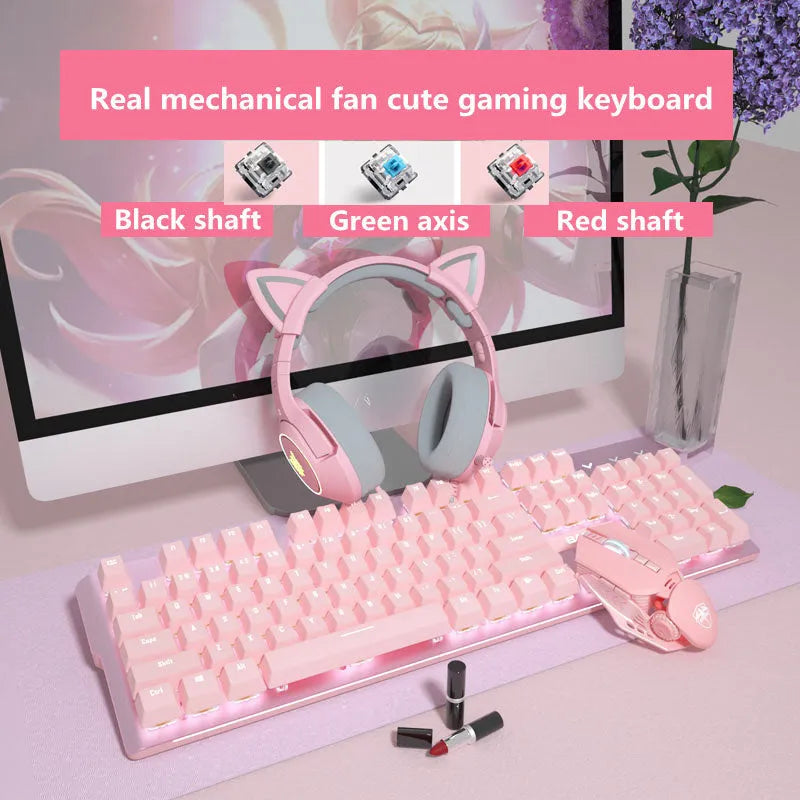Pink wired mechanical keyboard and matching mouse with green axis switches for gaming.