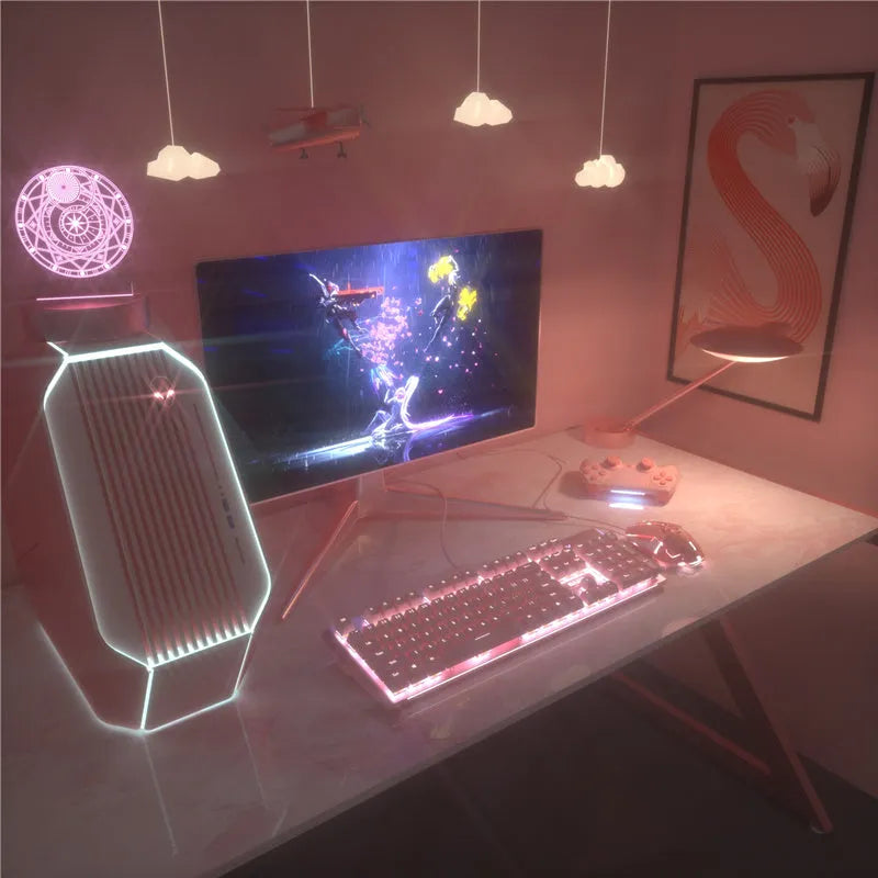Pink wired mechanical keyboard and matching mouse with green axis switches for gaming.