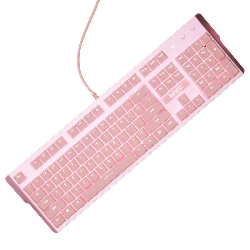 Pink wired mechanical keyboard and matching mouse with green axis switches for gaming.