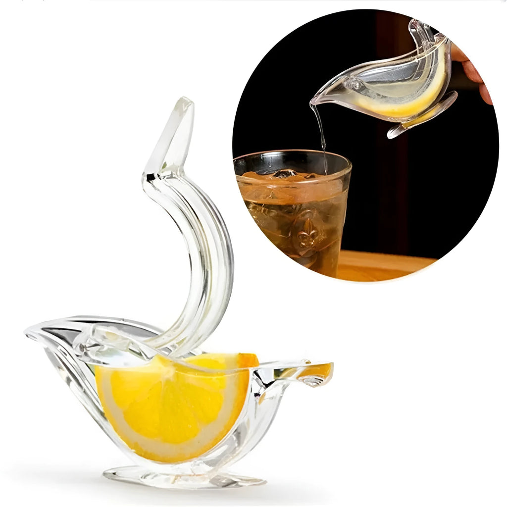Transparent acrylic manual lemon juicer with bird-shaped design on a kitchen counter