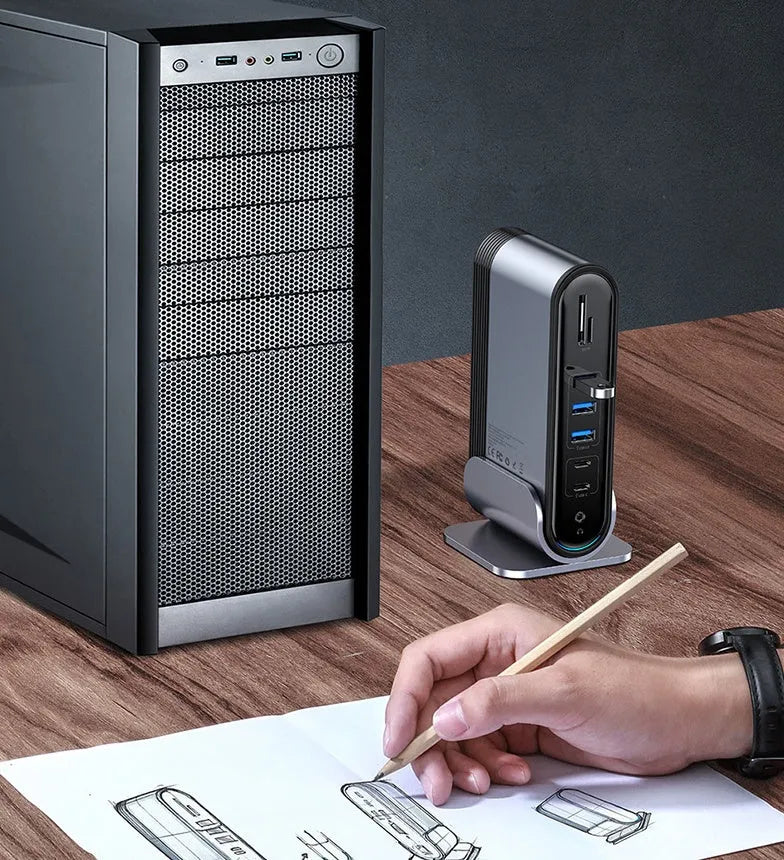 Deep space grey USB Type-C 16-in-1 docking station hub with multiple connection ports
