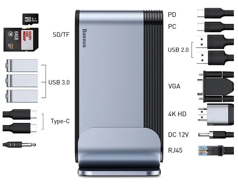 Deep space grey USB Type-C 16-in-1 docking station hub with multiple connection ports