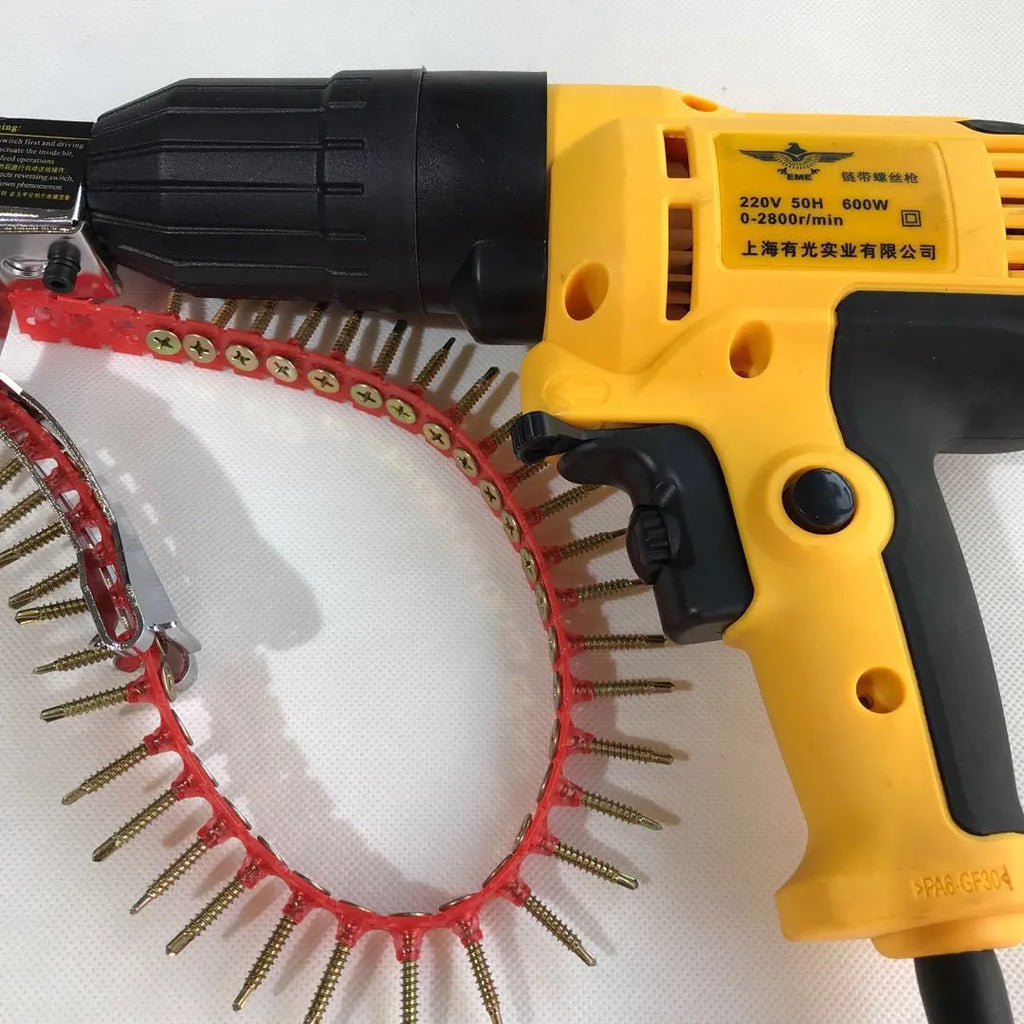 Yellow rechargeable electric chain belt screw machine with pistol-grip handle