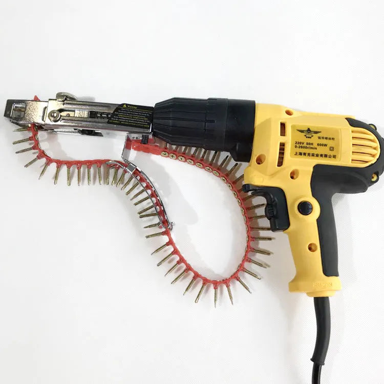 Yellow rechargeable electric chain belt screw machine with pistol-grip handle