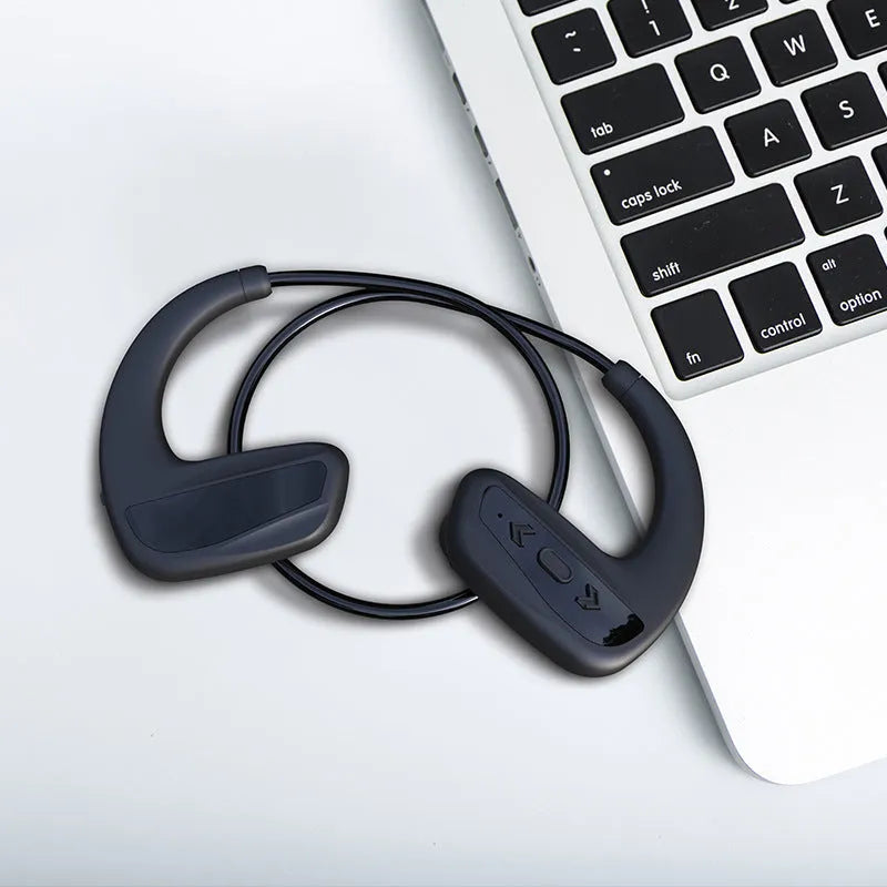 Black swimming Bluetooth headset with head-mounted design for underwater music playback during swimming sessions