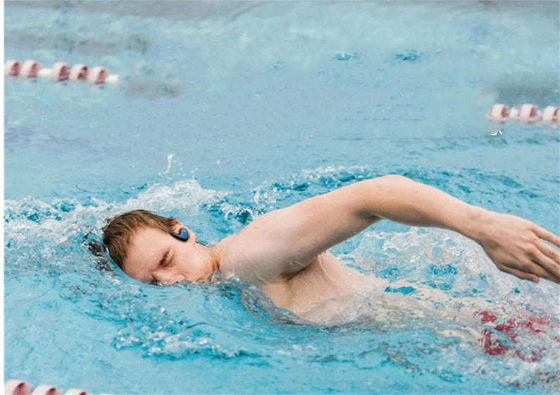 Black swimming Bluetooth headset with head-mounted design for underwater music playback during swimming sessions