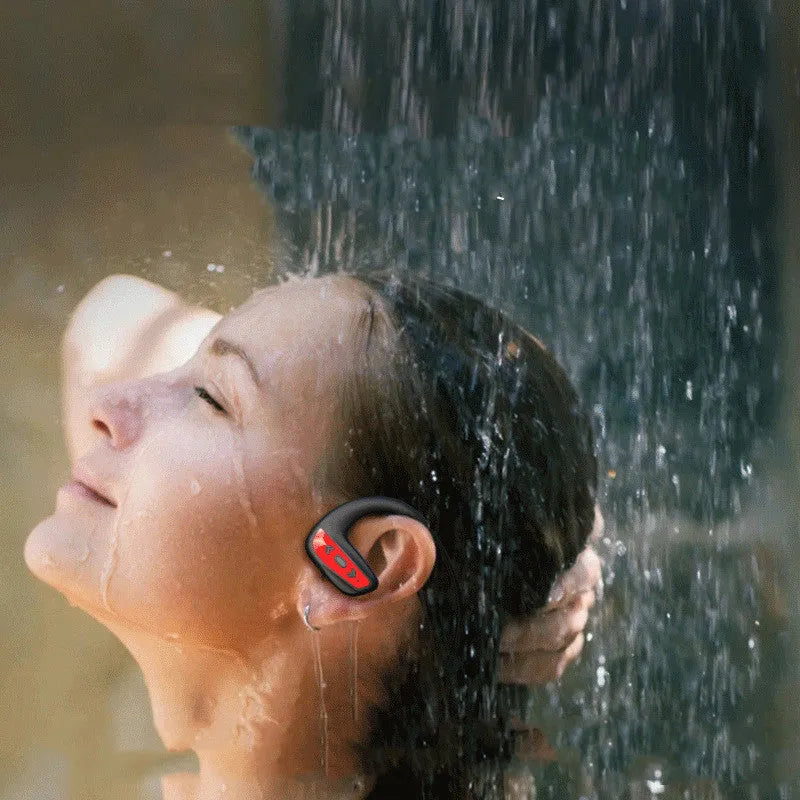 Black swimming Bluetooth headset with head-mounted design for underwater music playback during swimming sessions