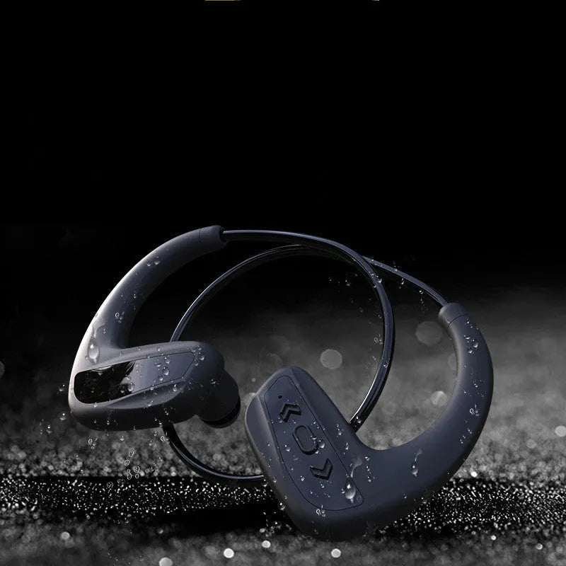 Black swimming Bluetooth headset with head-mounted design for underwater music playback during swimming sessions