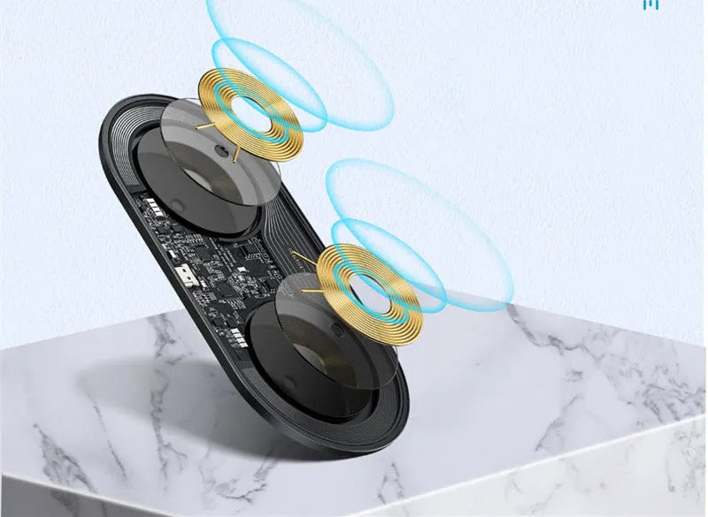 Baseus minimalist two-in-one wireless charger pro version for phones and pods in black, white, or transparent.