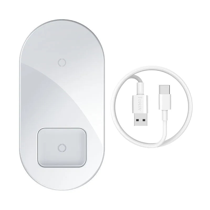 Baseus minimalist two-in-one wireless charger pro version for phones and pods in black, white, or transparent.