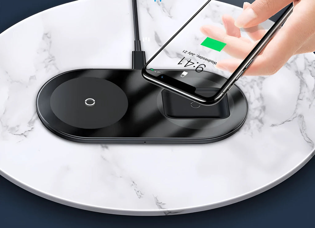 Baseus minimalist two-in-one wireless charger pro for phones and pods in black, transparent, and white.