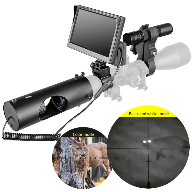 Digital night vision goggles with 5-inch LCD screen showing night vision imagery