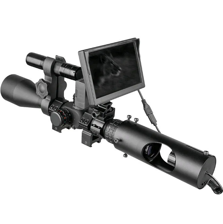 Digital night vision goggles with 5-inch LCD screen showing night vision imagery