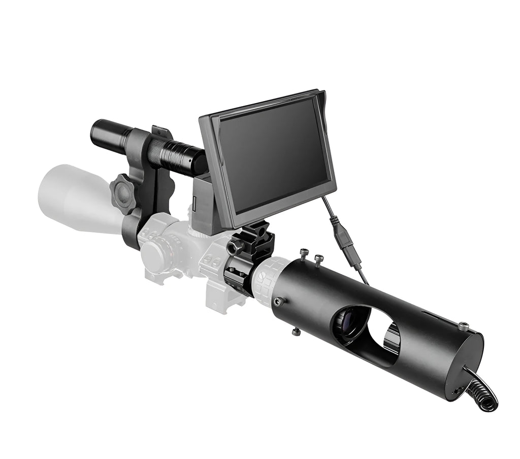 Digital night vision goggles with 5-inch LCD screen showing night vision imagery