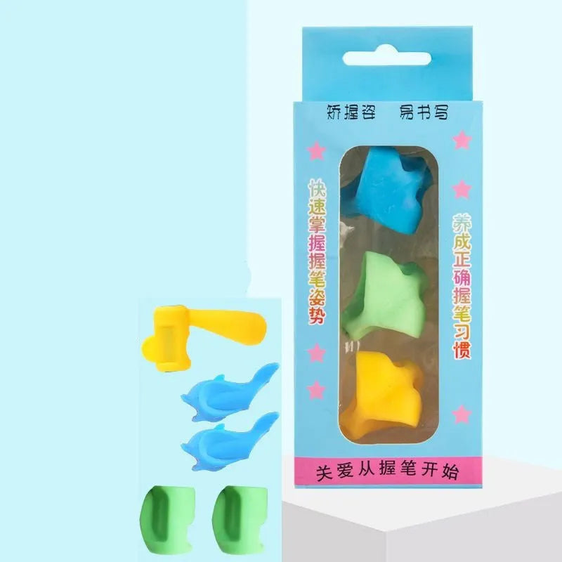 Children's pencil grip orthosis pen holder in boys' and girls' models with dolphin shape variant.