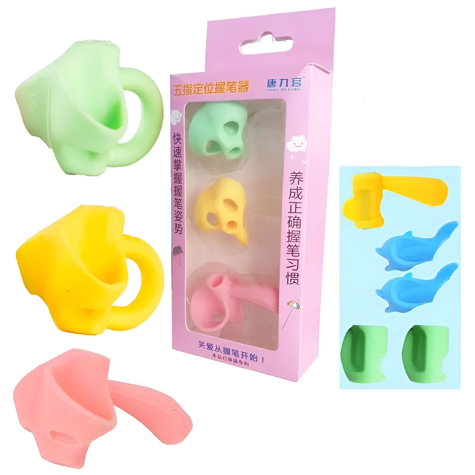 Children's pencil grip orthosis pen holder in boys' and girls' models with dolphin shape variant.