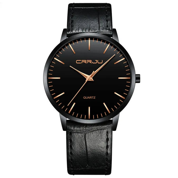 Casual quartz watch with alloy case and plexiglass mirror on a mesh strap, showing a black dial with gold hands.