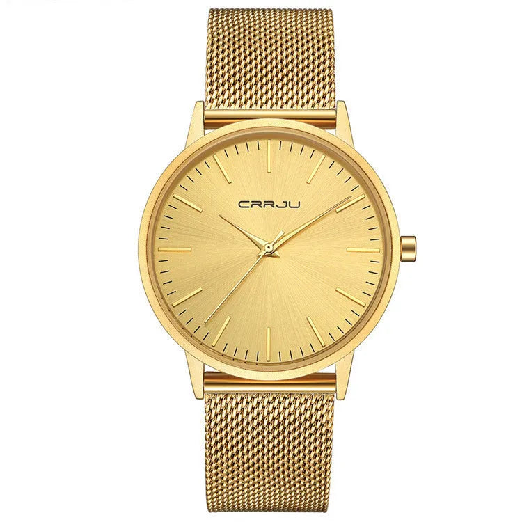 Casual quartz watch with alloy case and plexiglass mirror on a mesh strap, showing a black dial with gold hands.