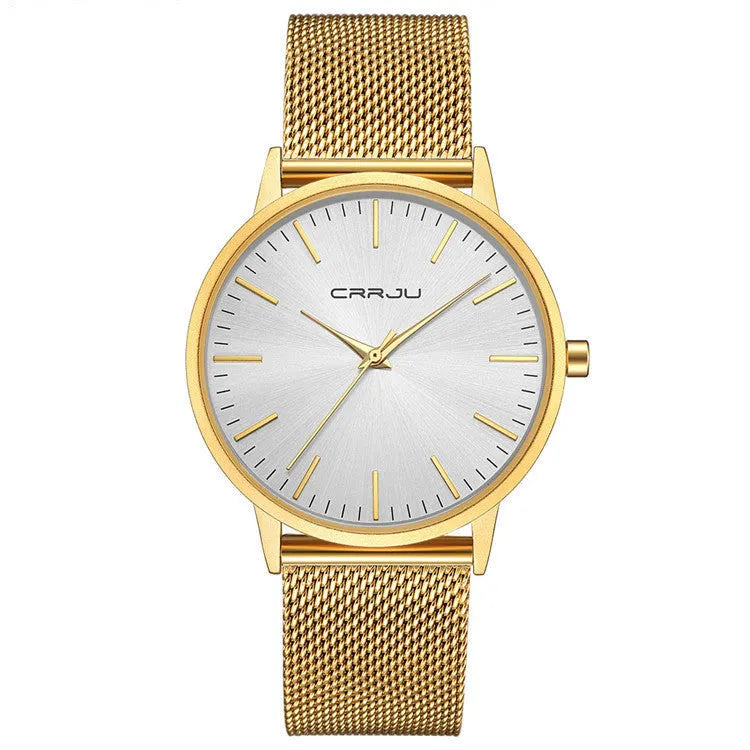 Casual quartz watch with alloy case and plexiglass mirror on a mesh strap, showing a black dial with gold hands.