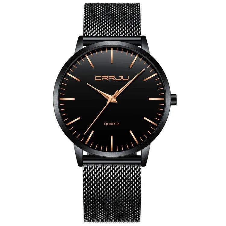 Casual quartz watch with alloy case and plexiglass mirror on a mesh strap, showing a black dial with gold hands.