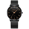 Casual quartz watch with alloy case and plexiglass mirror on a mesh strap, showing a black dial with gold hands.