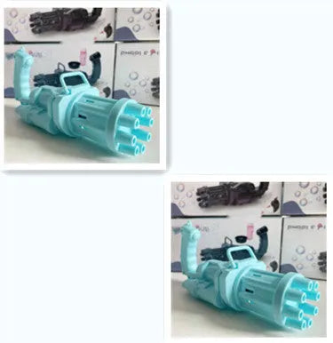 Children's ABS plastic bubble gun machine in pink with trigger and bubble head, used as a toy for outdoor parties