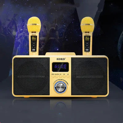 Black and gold wireless Bluetooth karaoke speaker system with two microphones for home use