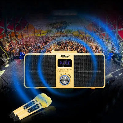 Black and gold wireless Bluetooth karaoke speaker system with two microphones for home use