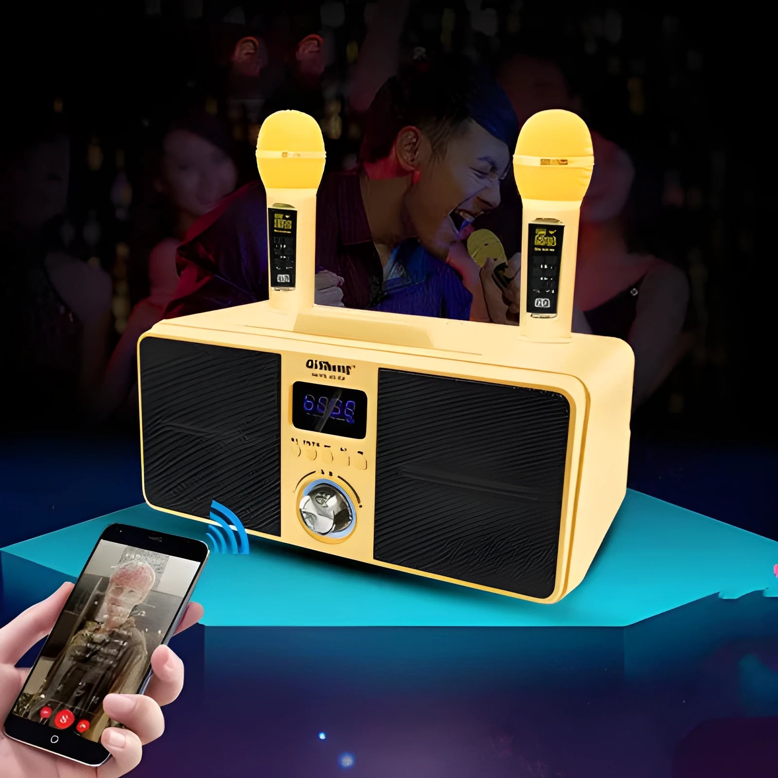 Black and gold wireless Bluetooth karaoke speaker system with two microphones for home use