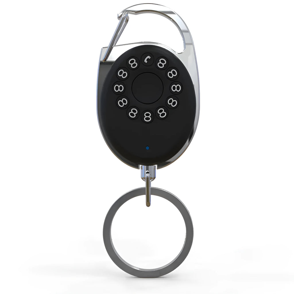 Black Bluetooth anti-lost tracker with keychain attachment compatible with Apple devices