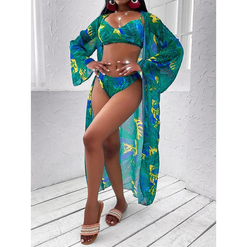 Women's three-piece printed bikini split swimsuit in green with removable pads, polyester fabric, available in S-XL sizes