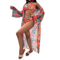 Women's three-piece printed bikini split swimsuit in green with removable pads, polyester fabric, available in S-XL sizes