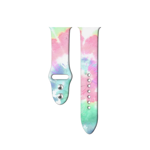 Colourful tie-dye patterned silicone strap for Apple Watch with adjustable buckle.