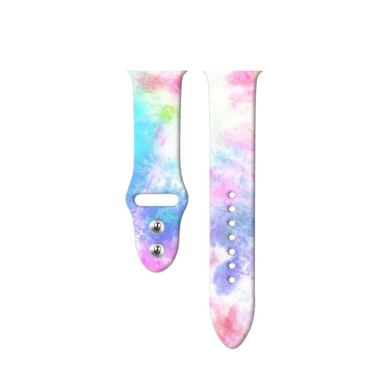 Colourful tie-dye patterned silicone strap for Apple Watch with adjustable buckle.