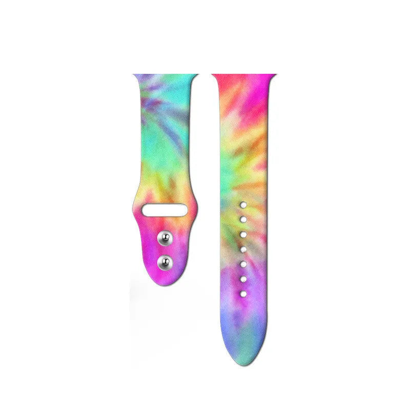 Colourful tie-dye patterned silicone strap for Apple Watch with adjustable buckle.