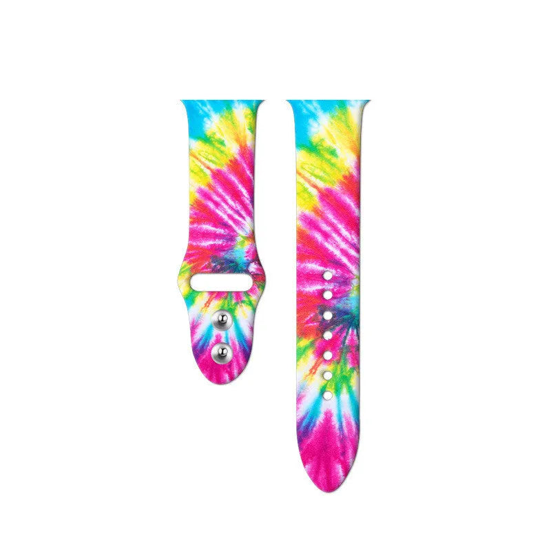 Colourful tie-dye patterned silicone strap for Apple Watch with adjustable buckle.