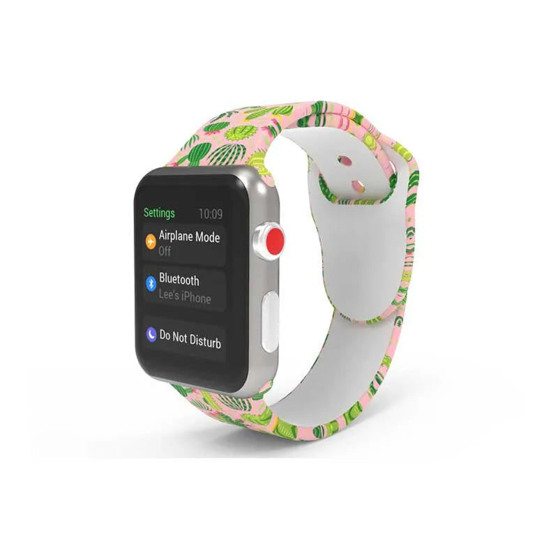 Colourful tie-dye patterned silicone strap for Apple Watch with adjustable buckle.