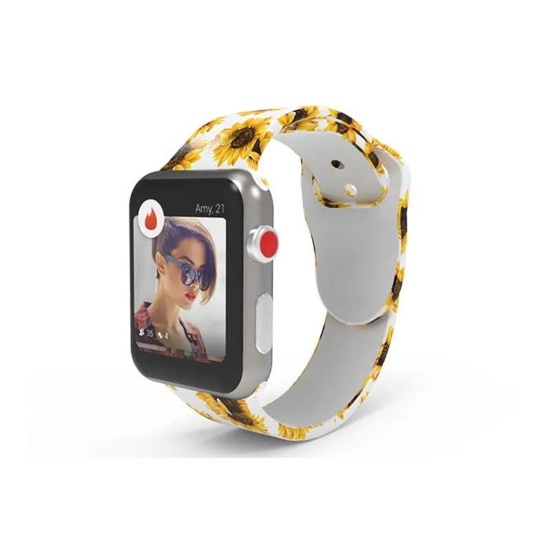 Colourful tie-dye patterned silicone strap for Apple Watch with adjustable buckle.