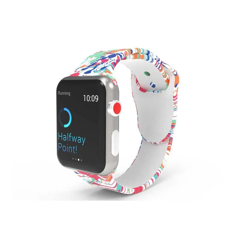 Colourful tie-dye patterned silicone strap for Apple Watch with adjustable buckle.